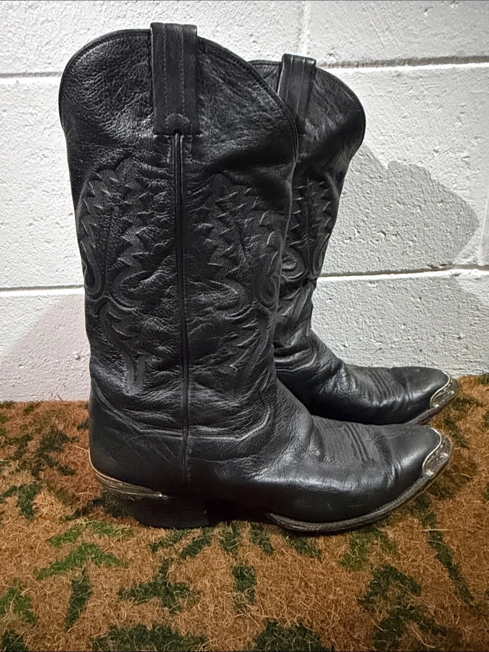 Black Leather Panhandle Slim Cowboy Boots Men 10 1/2 D Silver Toe Heel Cap